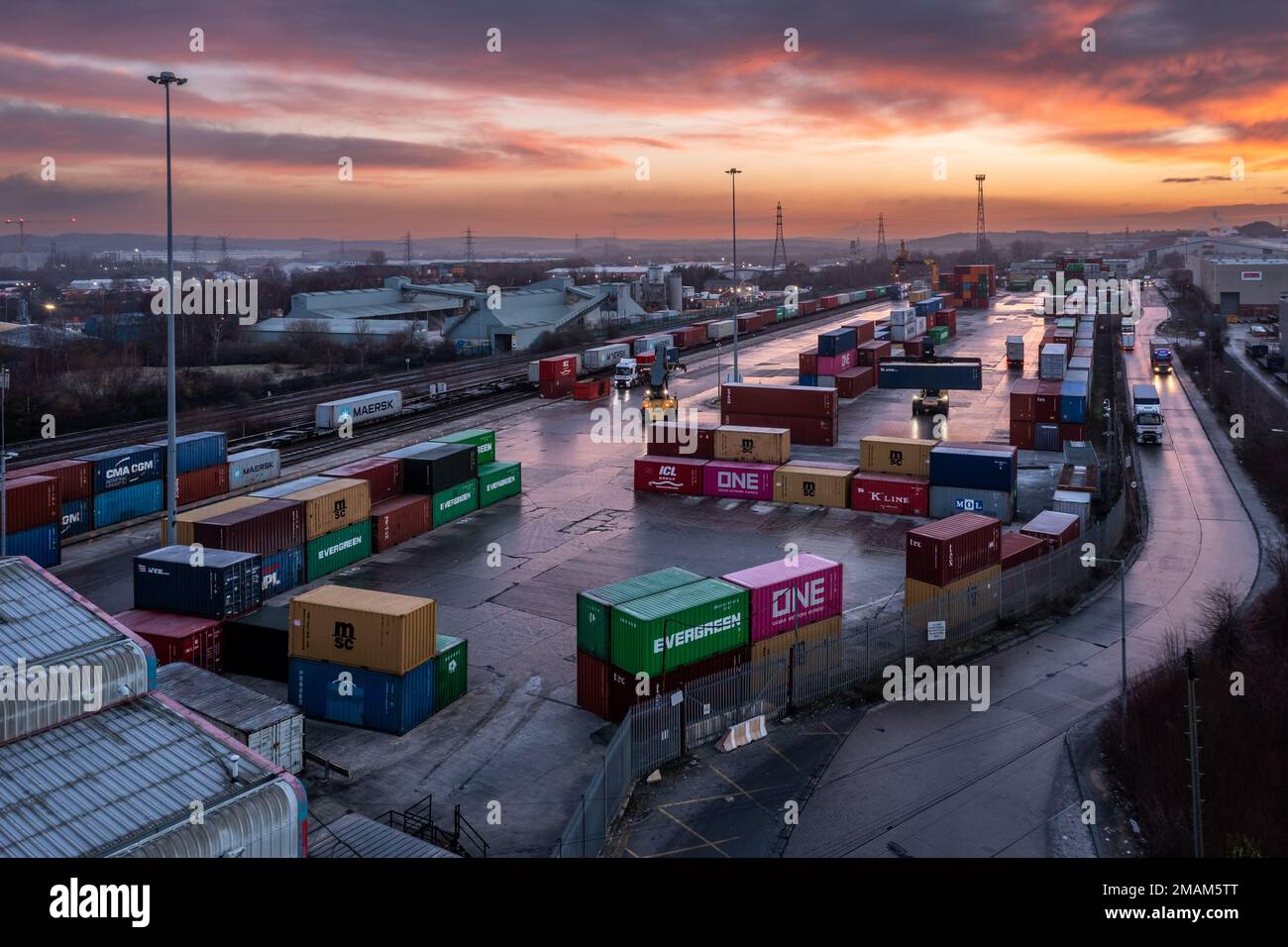 Aerial view of Freightliner Intermodal container terminal in Leeds at