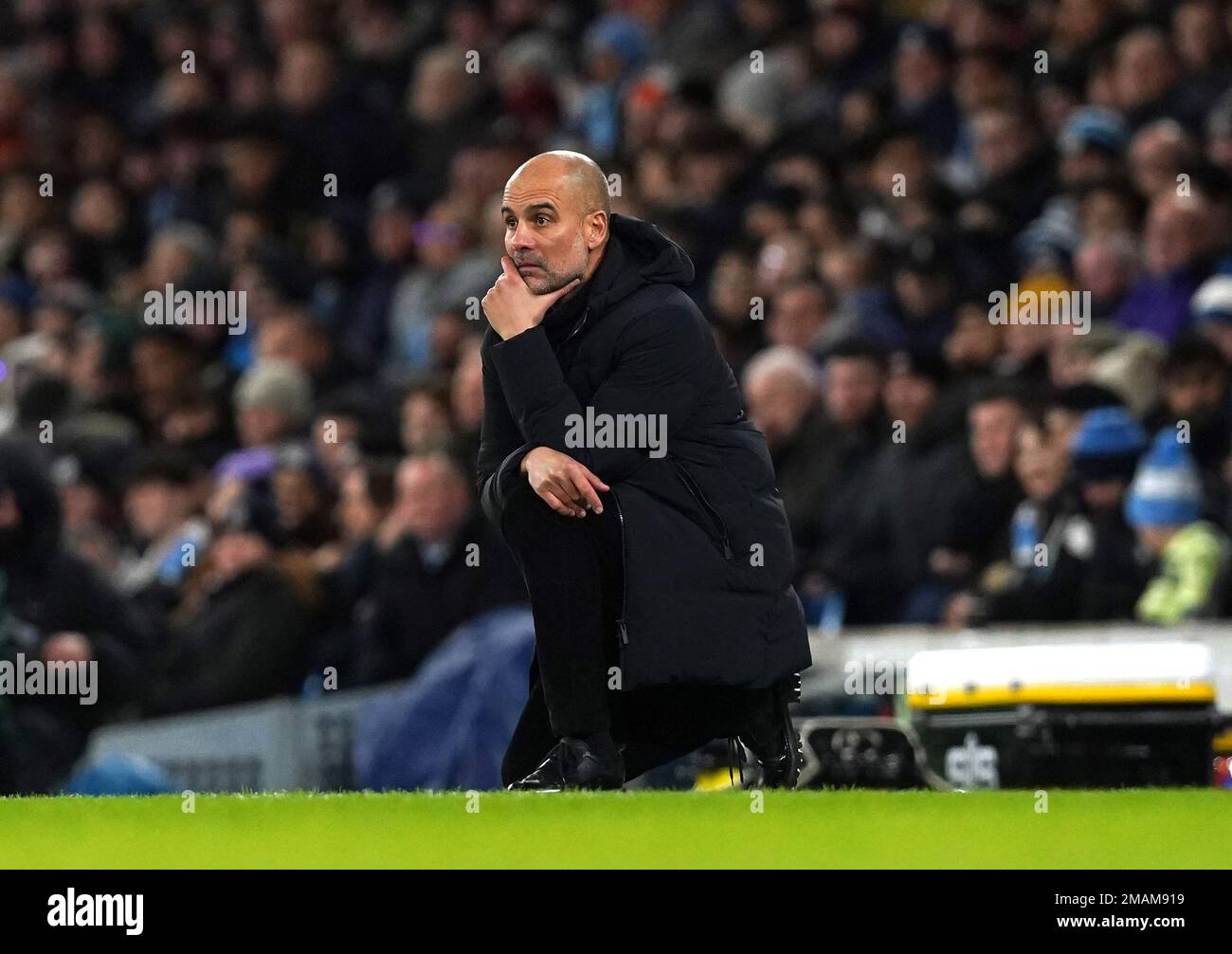Manchester City manager Pep Guardiola reacts on the touchline during the Premier League match at the Etihad Stadium, Manchester. Picture date: Thursday January 19, 2023. Stock Photo