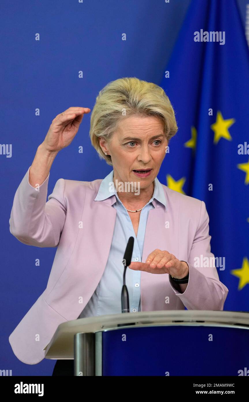 European Commission President Ursula von der Leyen speaks during a ...