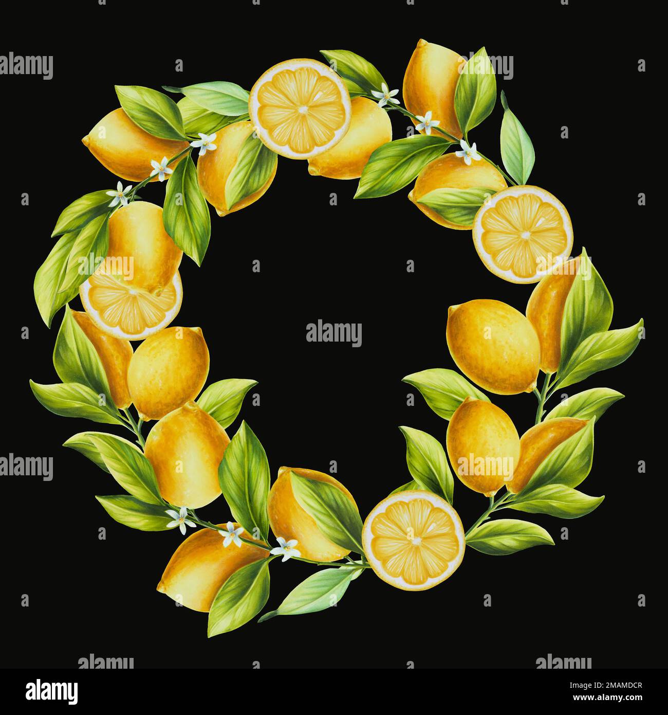 Watercolor frame with fresh ripe lemon with bright green leaves and ...