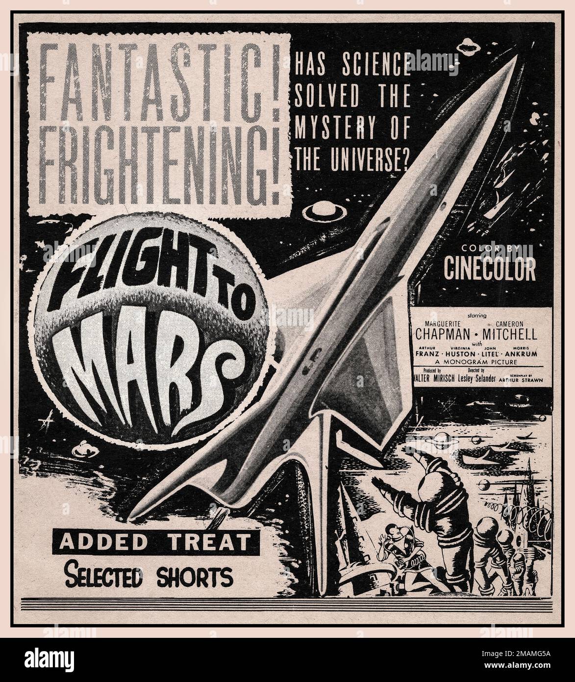 Vintage Movie 'Flight To Mars' Classification Sci Fi poster for the film Flight to Mars (1951), Starring Arthur Franz and Marguerite Chapman from the Alberta Ministry of Labour  USA Flight to Mars is a 1951 American Cinecolor science fiction film drama, produced by Walter Mirisch for Monogram Pictures, directed by Lesley Selander, starring Marguerite Chapman, Cameron Mitchell, and Arthur Franz. Stock Photo