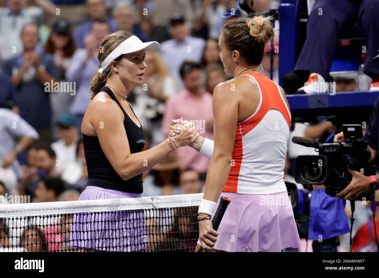 Danielle Collins, left, of the United States, congratulates Aryna