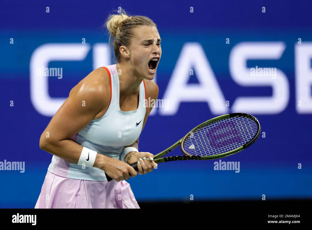 Aryna Sabalenka, of Belarus, yells during her match against Danielle