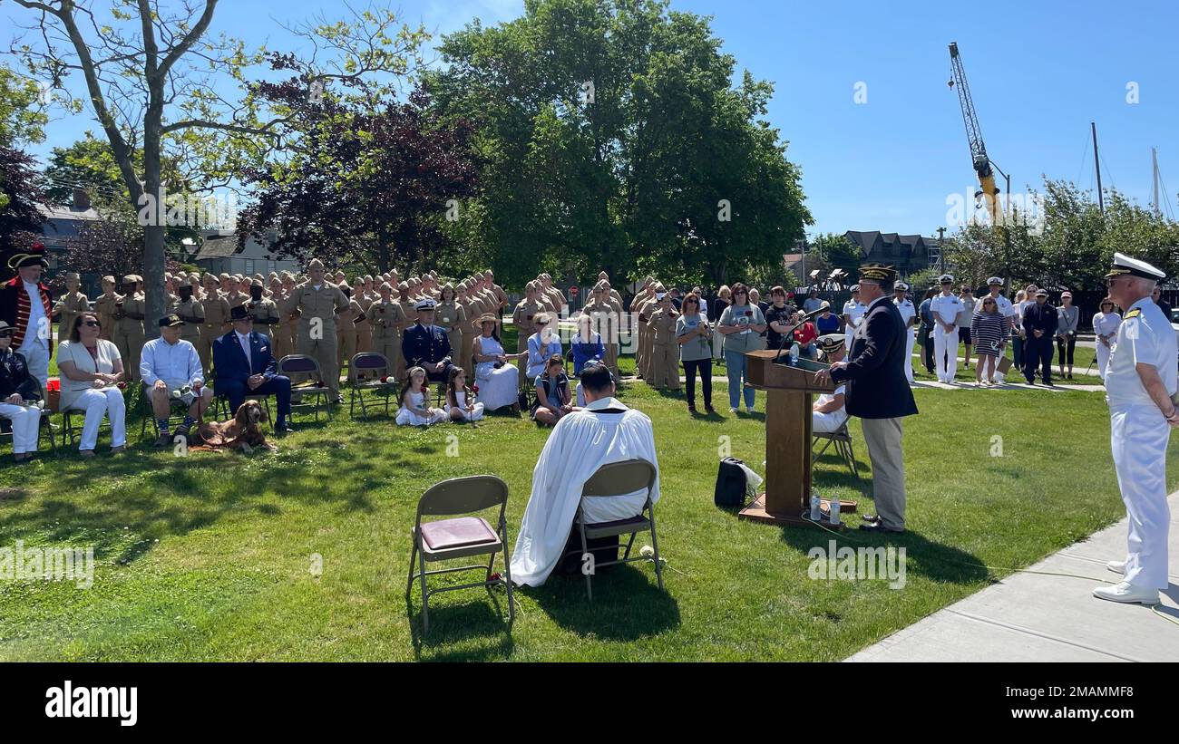 220530-N-WT203-0004 NEWPORT, R.I. (May 30, 2022) Students from Officer Development School (ODS) class 22050 stand in ranks at a Memorial Day remembrance ceremony hosted by the Newport, R.I. Veterans of Foreign Wars Post 406. The Strewing of Flowers ceremony paid tribute to those who lost their lives at sea in service to their country. The five-week ODS program is a subset of Officer Training Command Newport (OTCN) and prepares staff corps officers and several restricted line designators to function in their role as newly commissioned Naval officers. Stock Photo