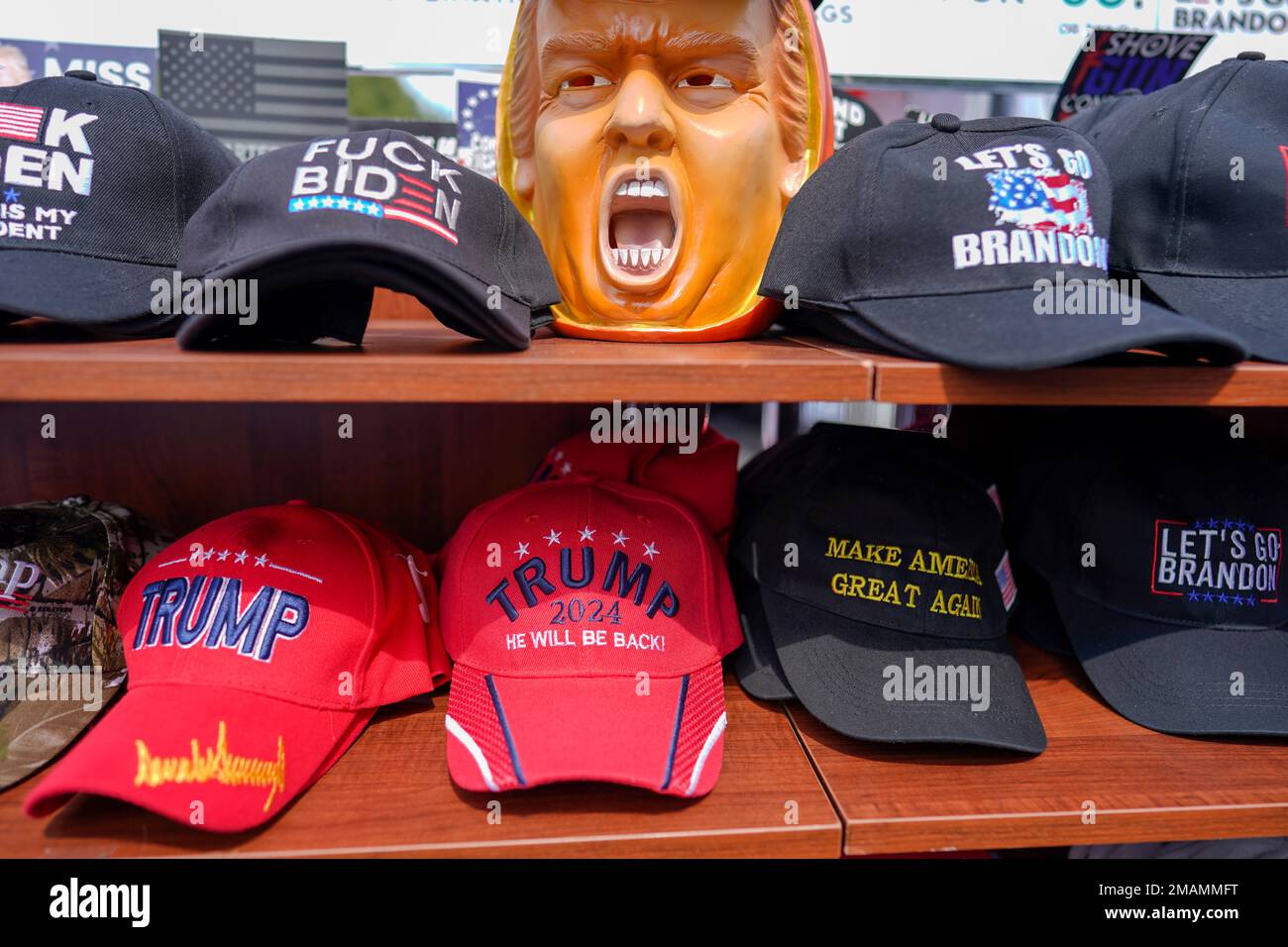 Merchandise is displayed for sale outside a rally with former President ...