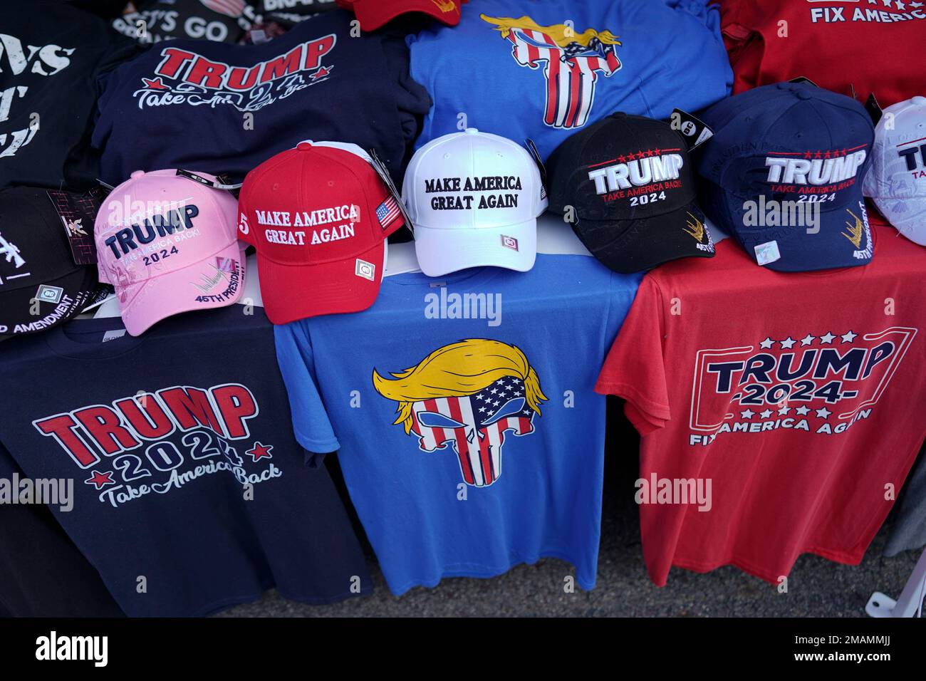 Merchandise is displayed for sale outside a rally with former President ...