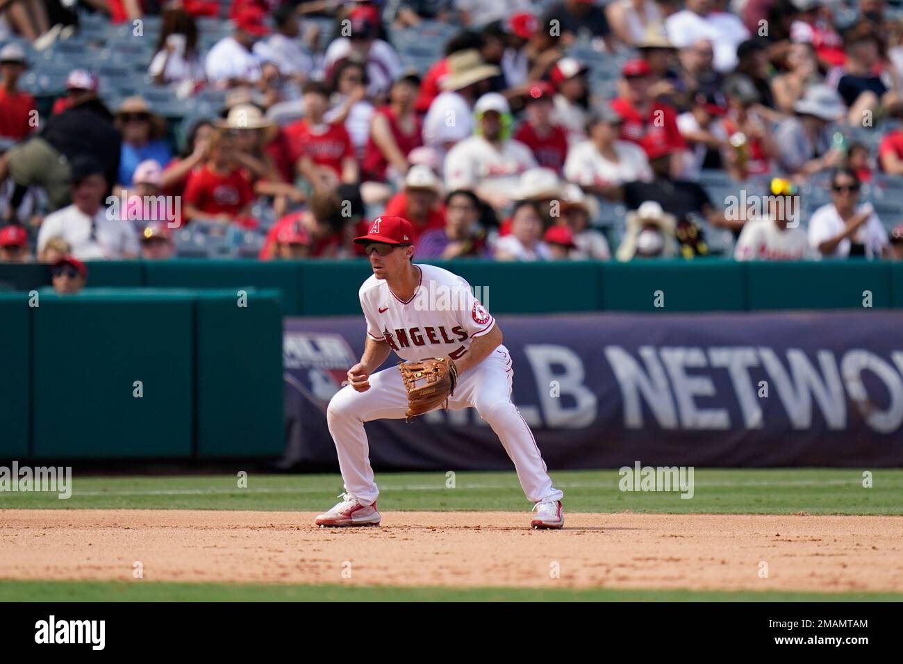 Los Angeles Angels' Matt Duffy takes up his position during the sixth  inning of a baseball game against the Houston Astros Sunday, Sept. 4, 2022,  in Anaheim, Calif. (AP Photo/Jae C. Hong