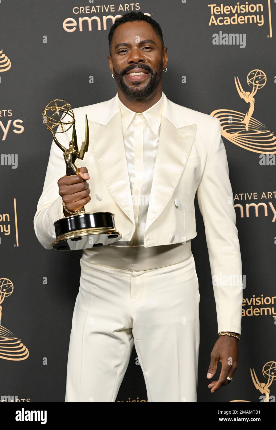 Colman Domingo poses with the Emmy for outstanding guest actor in a