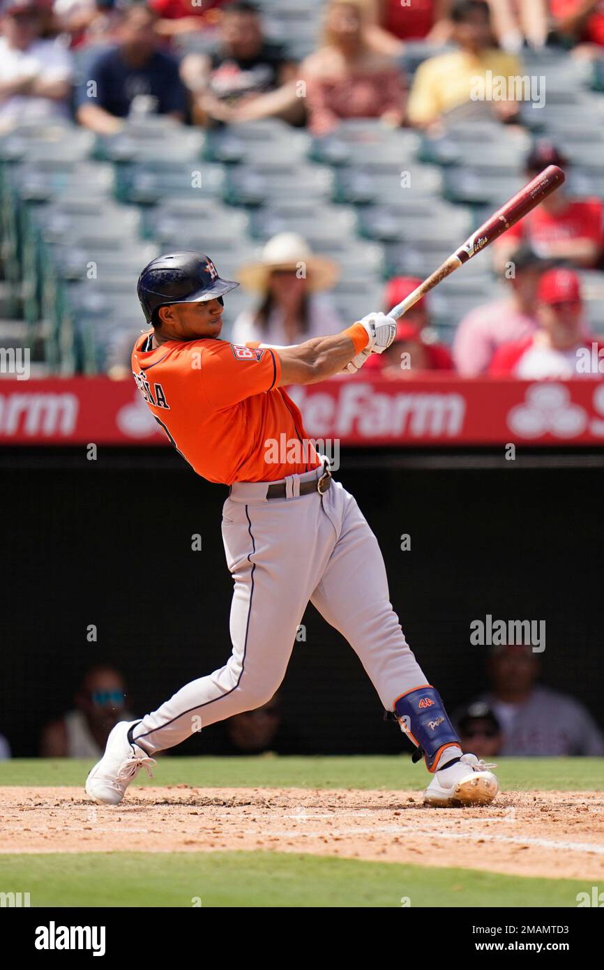 Jeremy Pena of the Houston Astros hits an RBI single during the