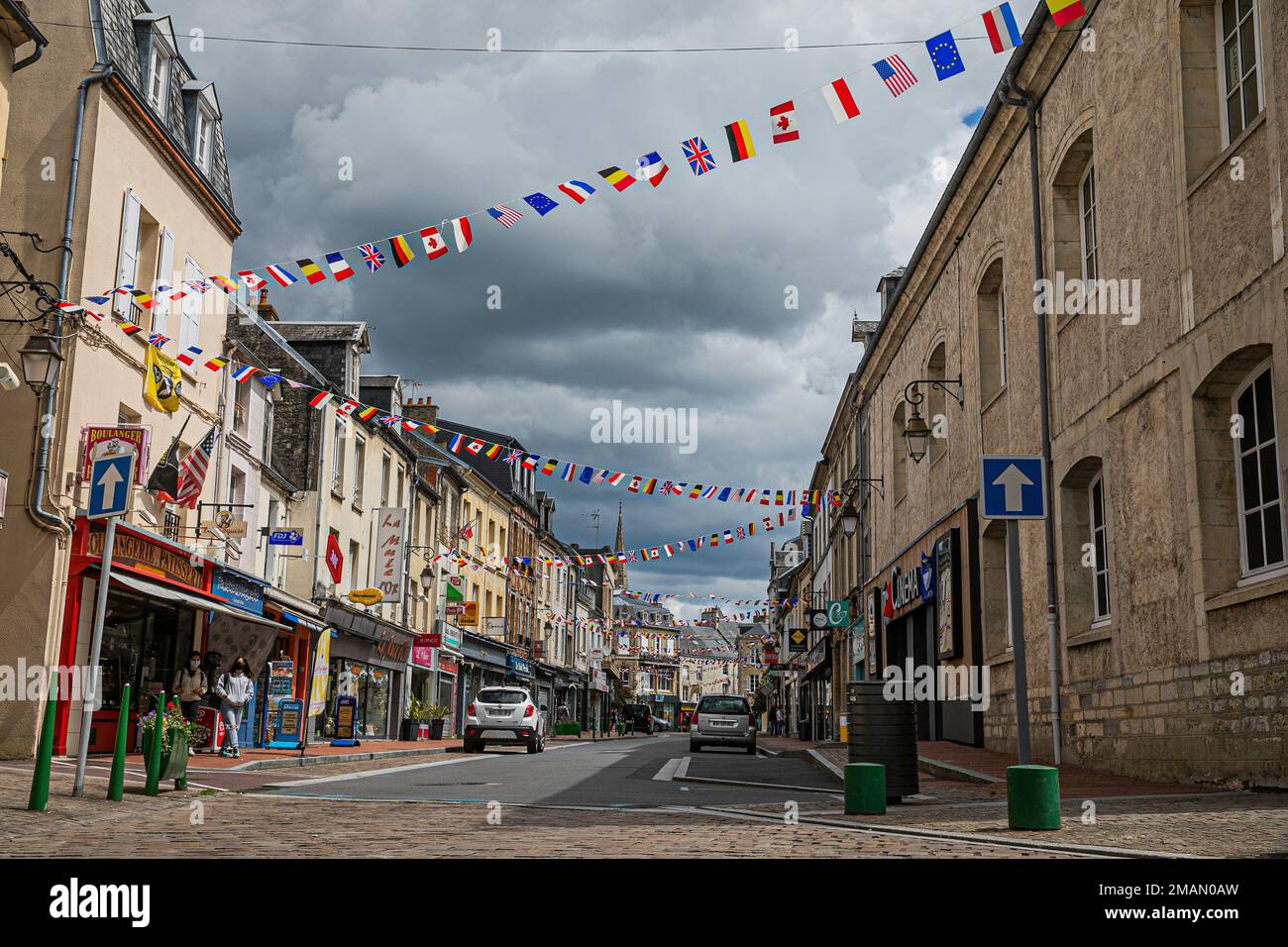 Flags adorn the streets of Carentan for the DDay celebrations in