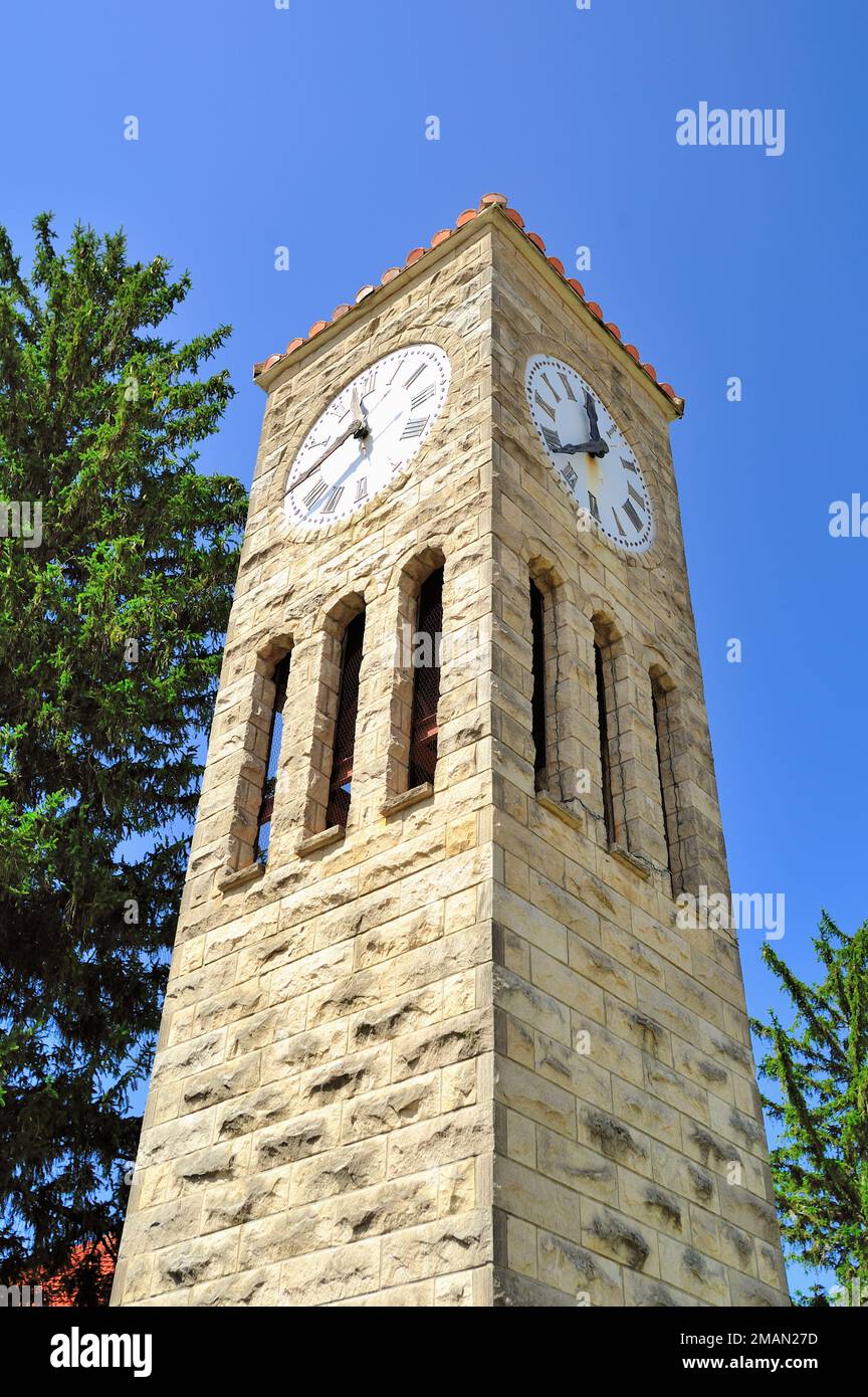 Atlanta, Illinois, USA. The clock tower at the venerable Atlanta Public Library. The library dates from 1873 and the clock from 1909. Stock Photo