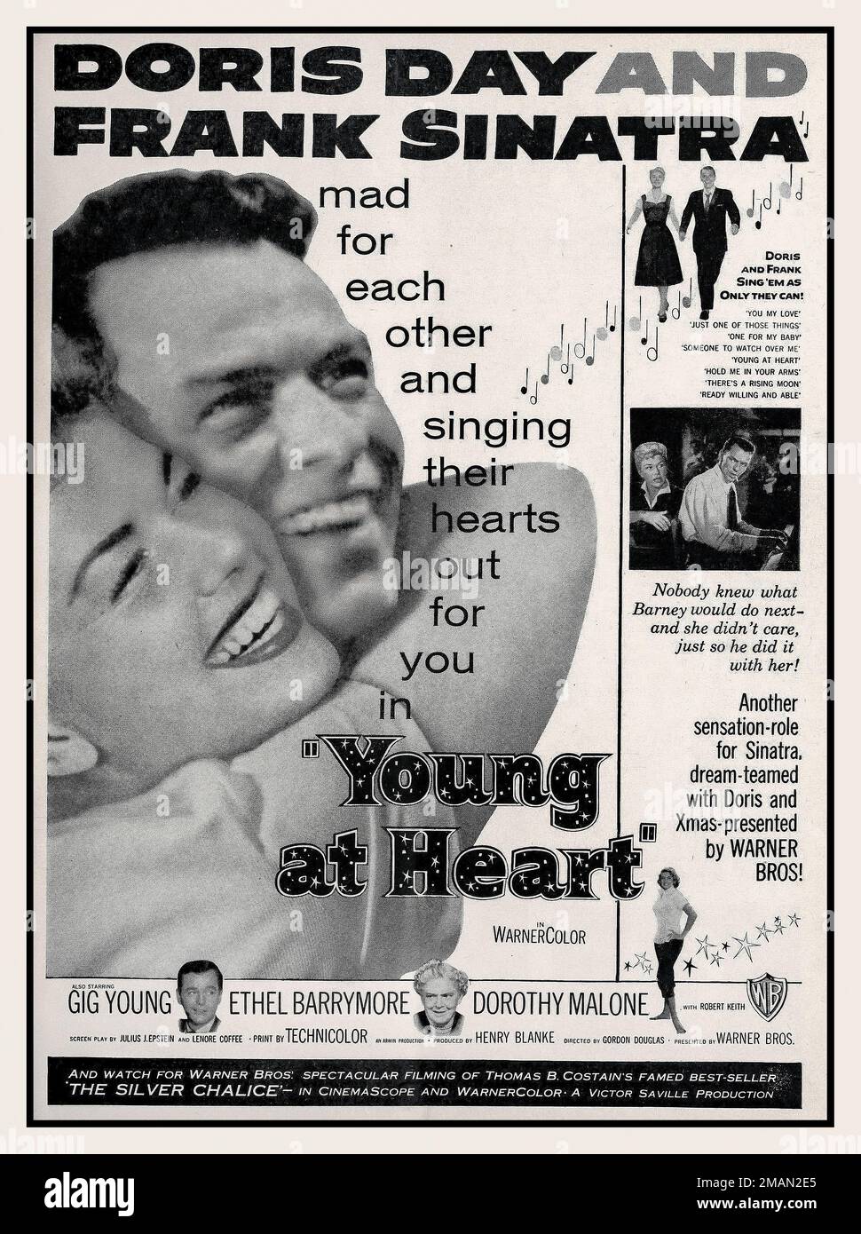 Vintage Movie Film Magazine Advertisement with Doris Day and Frank Sinatra in Young at Heart, 1955  Modern Screen, Warner Bros. films Hollywood USA Stock Photo