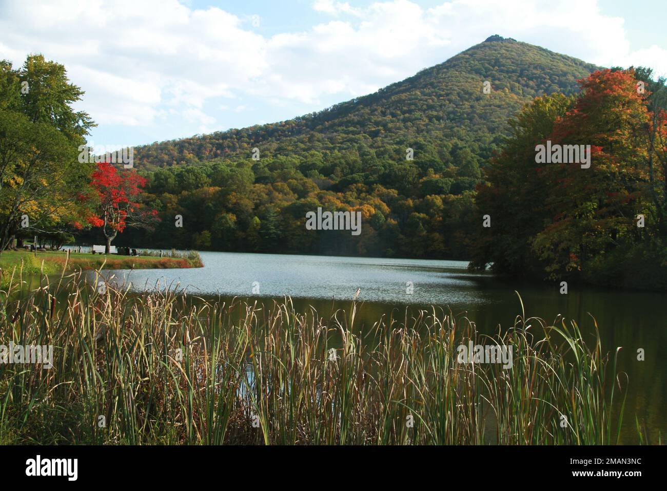 Blue Ridge Parkway, Virginia, USA. View of Abbott Lake and Sharp Top in autumn. Stock Photo