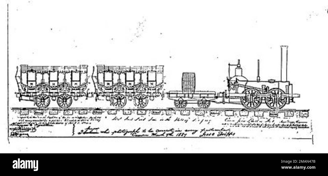 The John Bull and train as it looked in 1831; drawn by Isaac Dripps in 1887 Stock Photo
