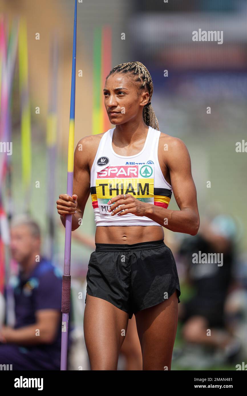 Nafissatou Thiam participating in the Javelin Throw at the 2022