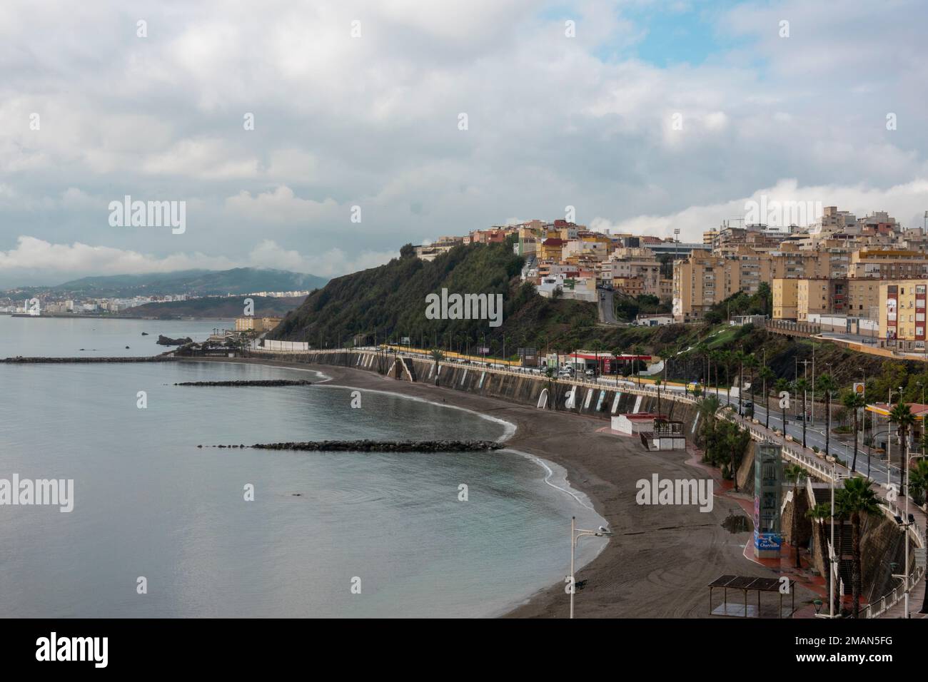 Ceuta, Spain - December 04, 2022: View of the beaches of Ceuta, a Spanish city in North Africa. Stock Photo