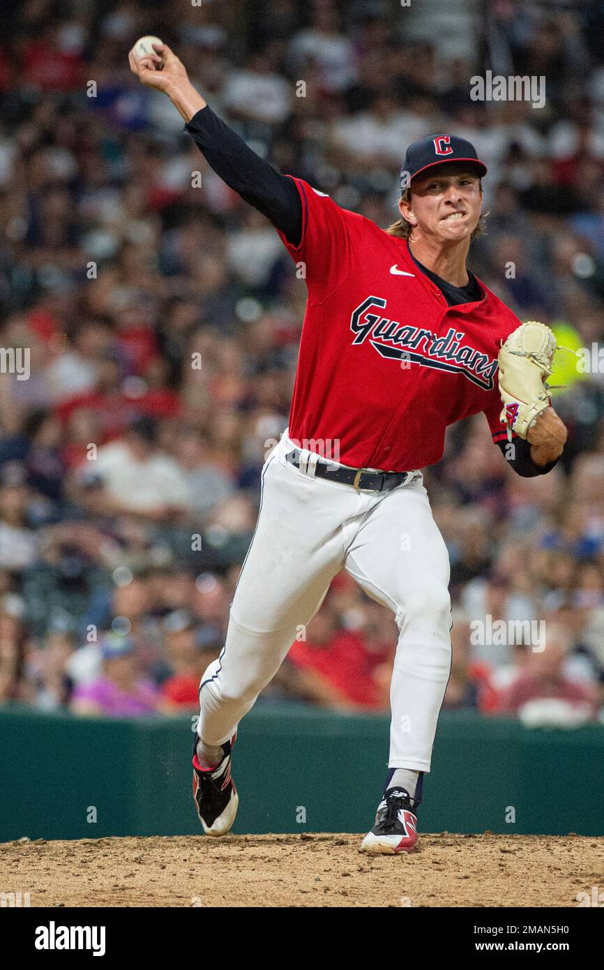 Cleveland Guardians relief pitcher James Karinchak celebrates after  completing the eighth inning of a baseball game against the New York  Yankees in Cleveland, Monday April 10, 2023. (AP Photo/Phil Long)