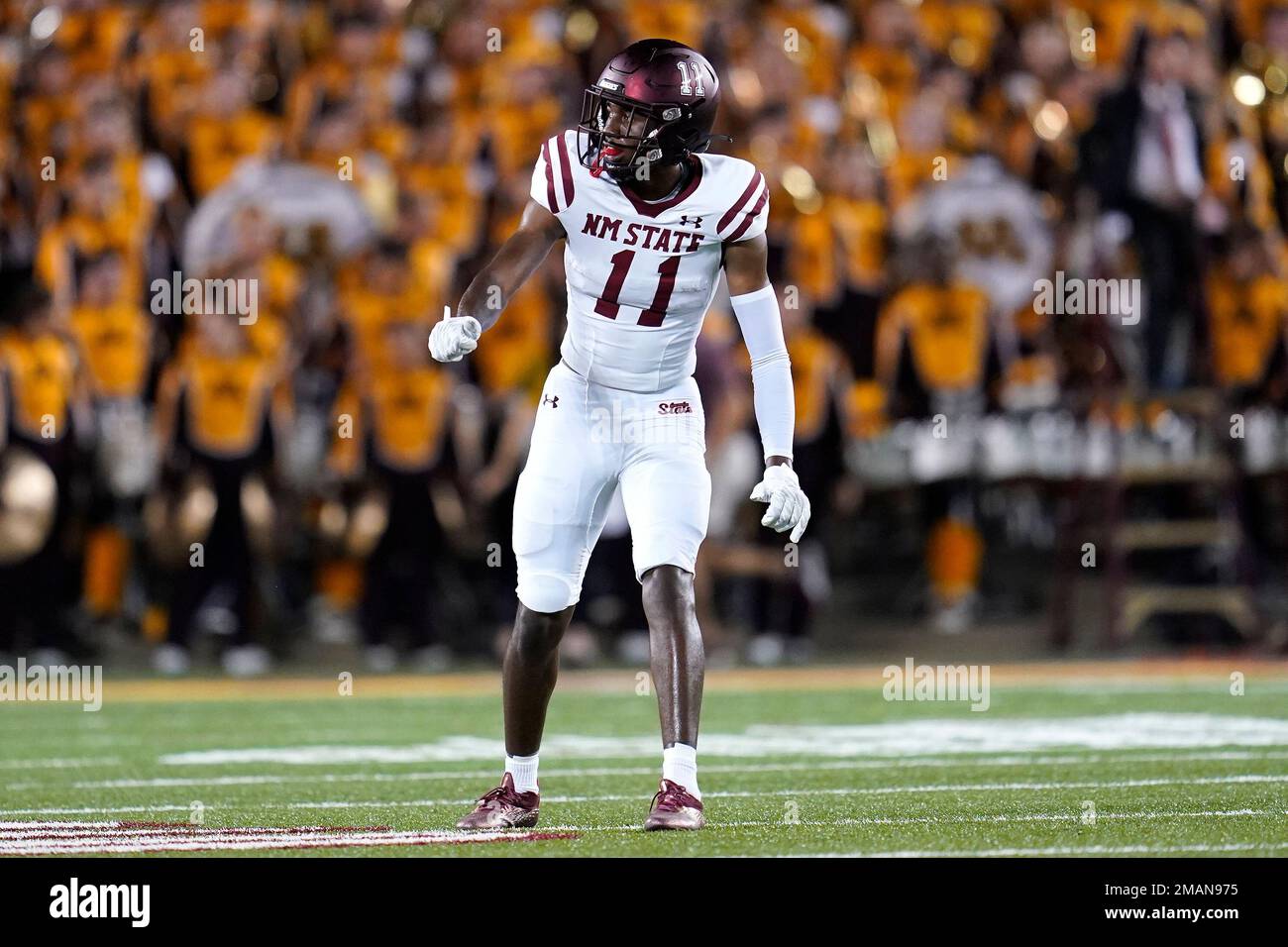 New Mexico State wide receiver Kordell David lines up for play during