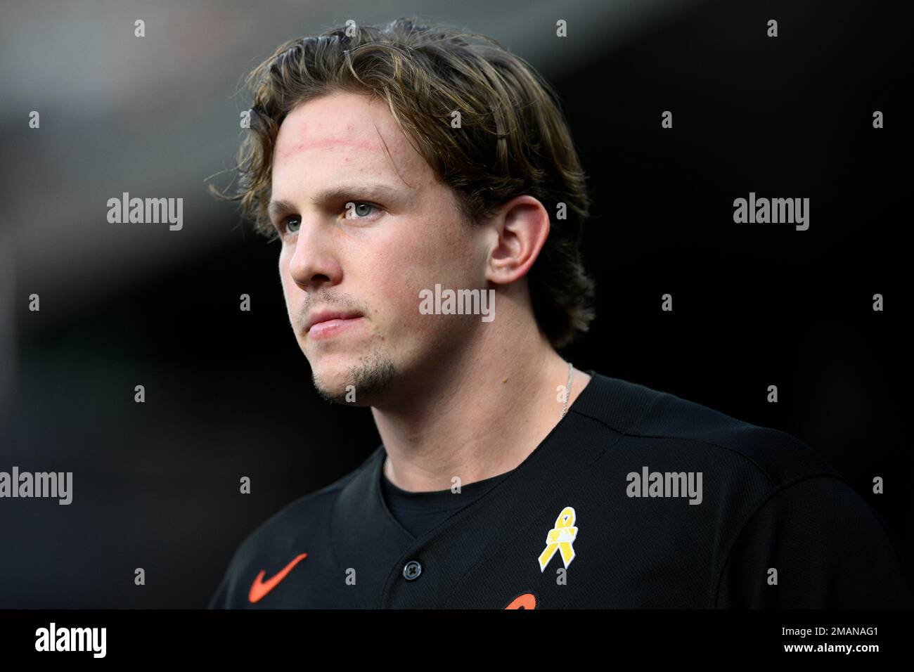 Baltimore Orioles' Adley Rutschman looks on before a baseball game against  the Oakland Athletics, Friday, Sept. 2, 2022, in Baltimore. (AP Photo/Nick  Wass Stock Photo - Alamy