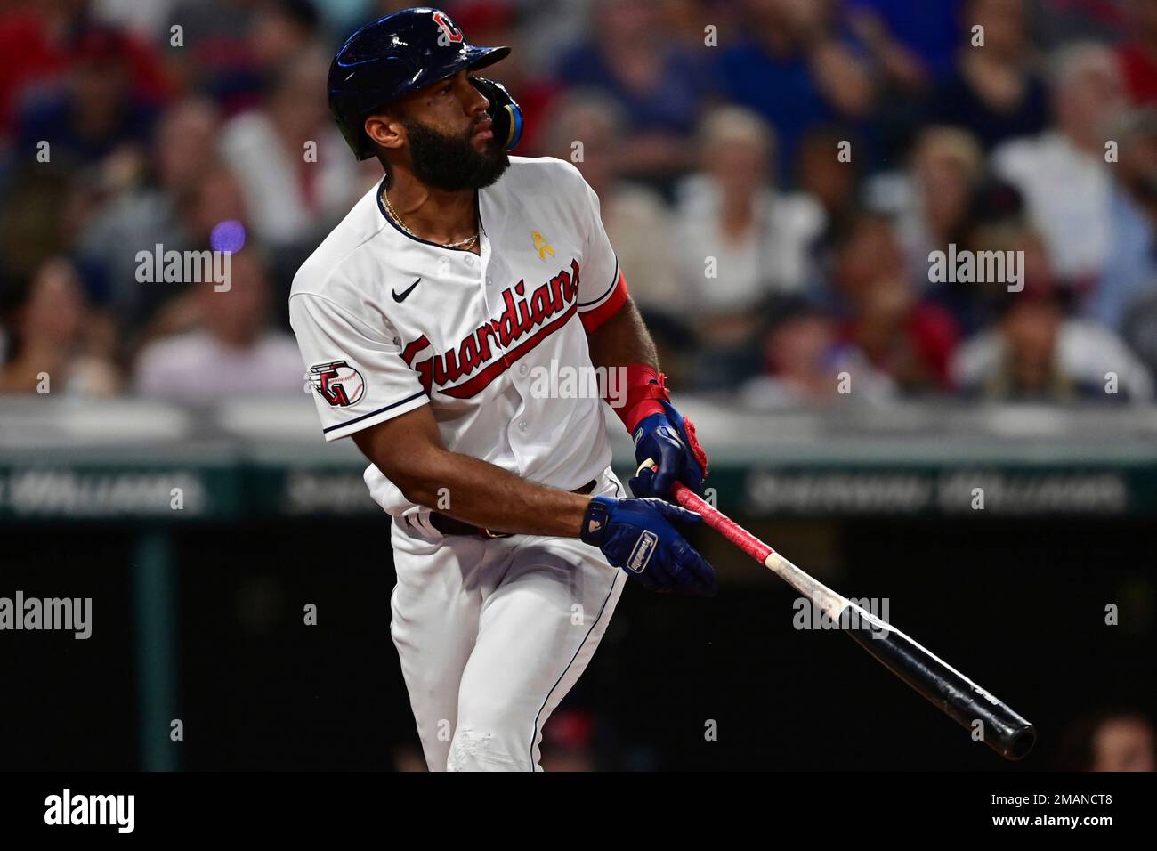 Cleveland Guardians shortstop Amed Rosario flies out during the third