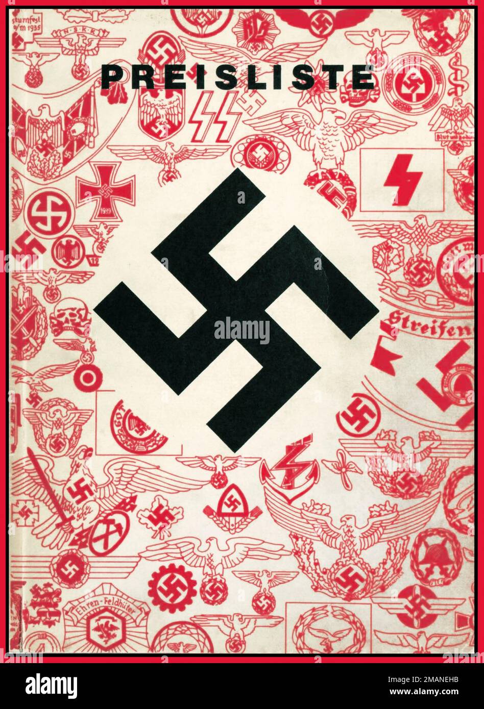 Nazi Germany 1930's Cover page from an official Nazi accessory product catalog published in Nazi Germany in the 1930s by F.W. Assmann & Söhne, a insignia and uniform metal accessory maker in Lüdenscheid, Germany. The company produced Uniformknöpfe, Orden, Abzeichen, Beschläge, Koppelschlösser und Schnallen, i. e. uniform buttons, orders/decorations, insignia/emblems/badges, metal fittings, belt buckles, etc. PREISLISTE (Price list) Front cover showing a Nazi swastika surrounded by images of pieces made by the firm Stock Photo