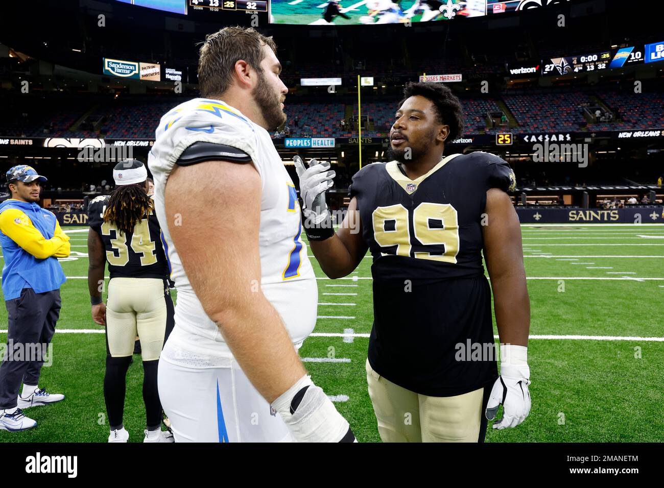 New Orleans Saints linebacker Zack Baun (53) returns a blocked field goal  during an NFL football game against the Carolina Panthers, Sunday, Sep. 19,  2021, in Charlotte, N.C. (AP Photo/Brian Westerholt Stock