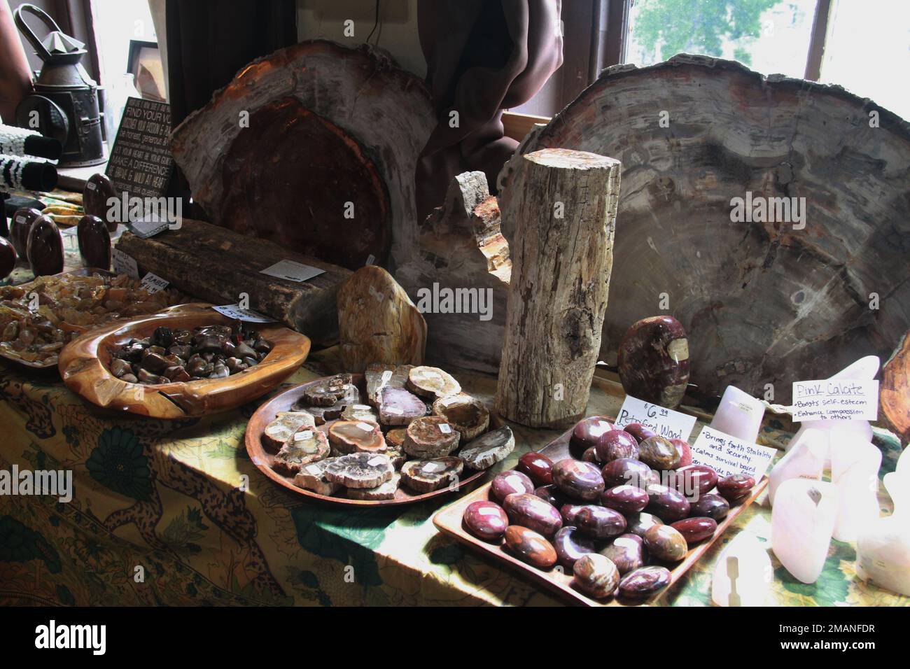 Display of rocks and minerals in a crystal shop in North Carolina, USA