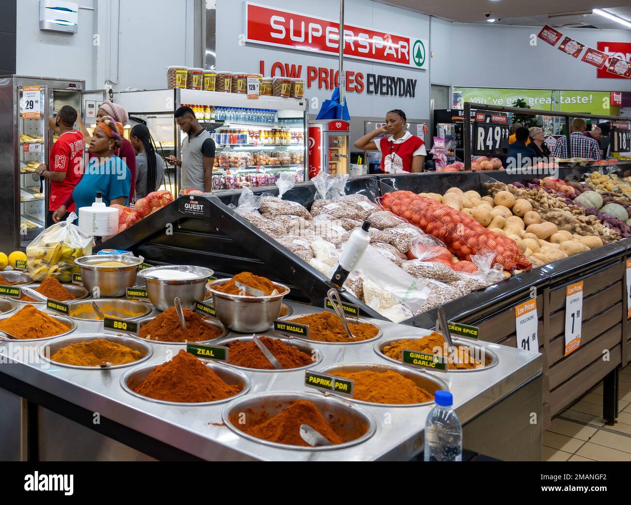 Varieties of spices and fresh produces at a super market. KwaZulu Natal, South Africa Stock