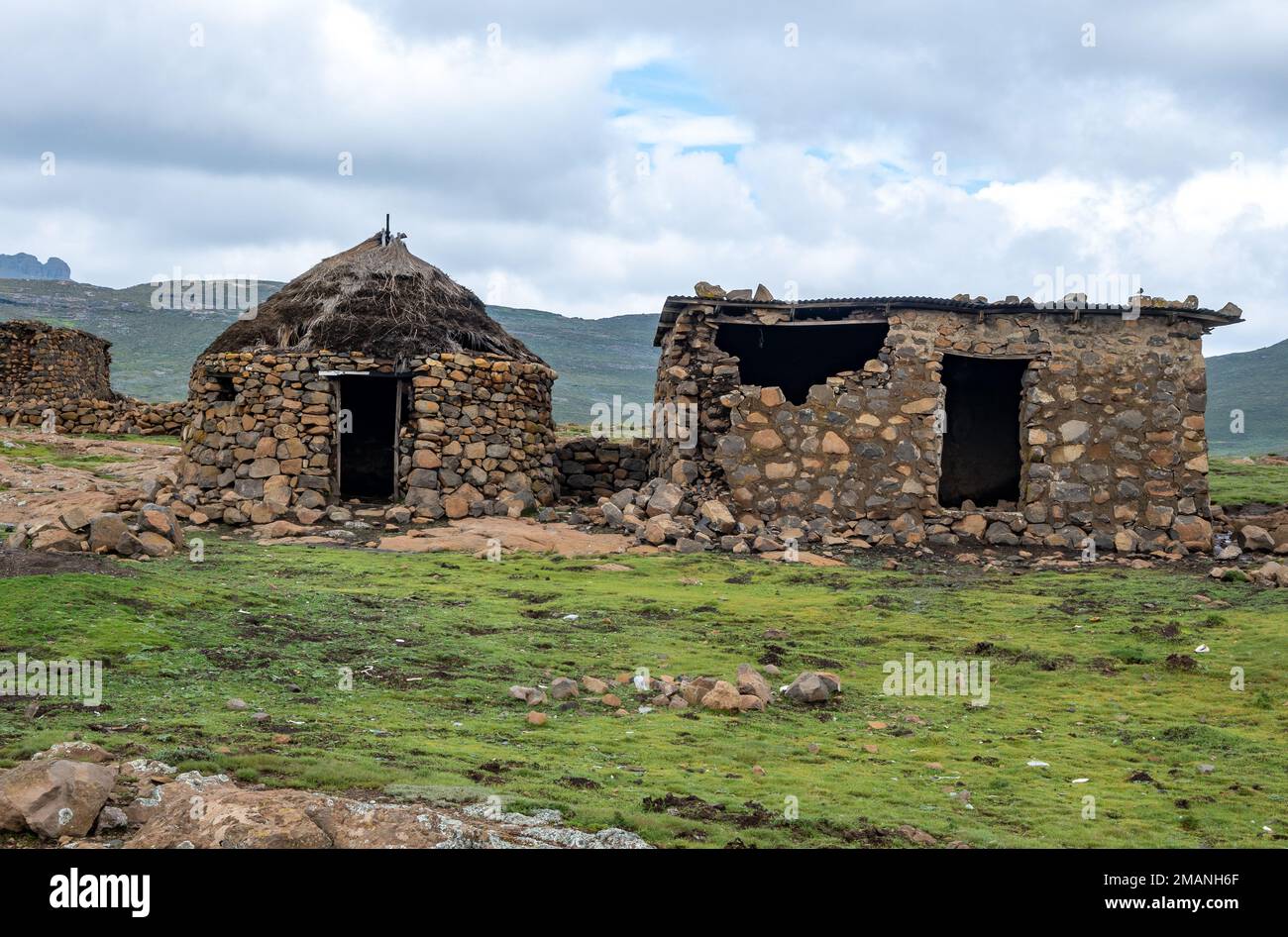 Stone huts used by shepards in summer in the highlands of Lesotho. Stock Photo