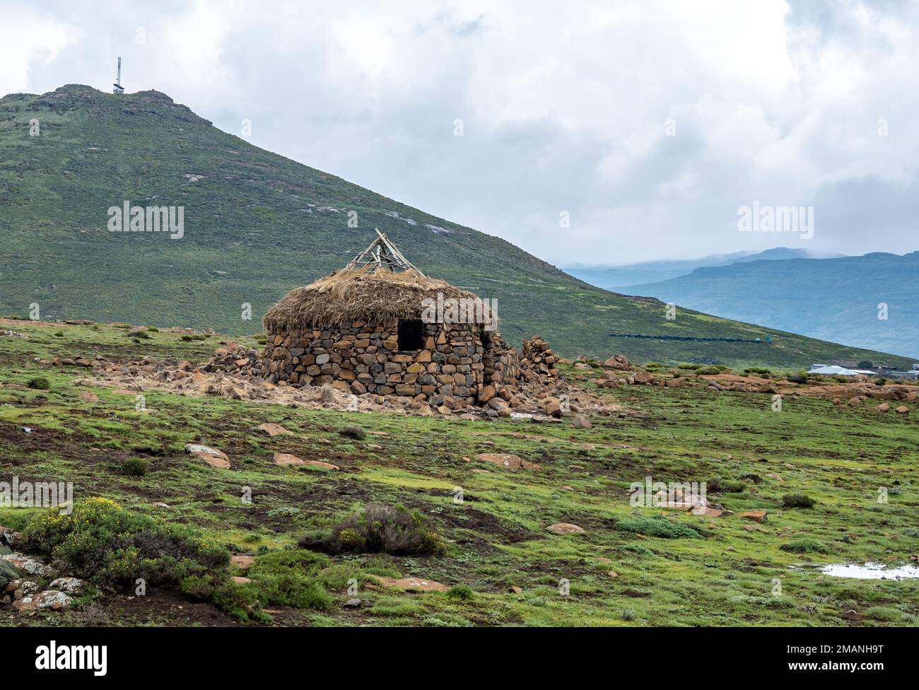 Stone huts used by shepards in summer in the highlands of Lesotho. Stock Photo