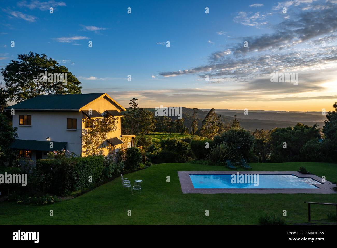 Beautiful sunset at a guesthouse in Hilton, South Africa. Stock Photo
