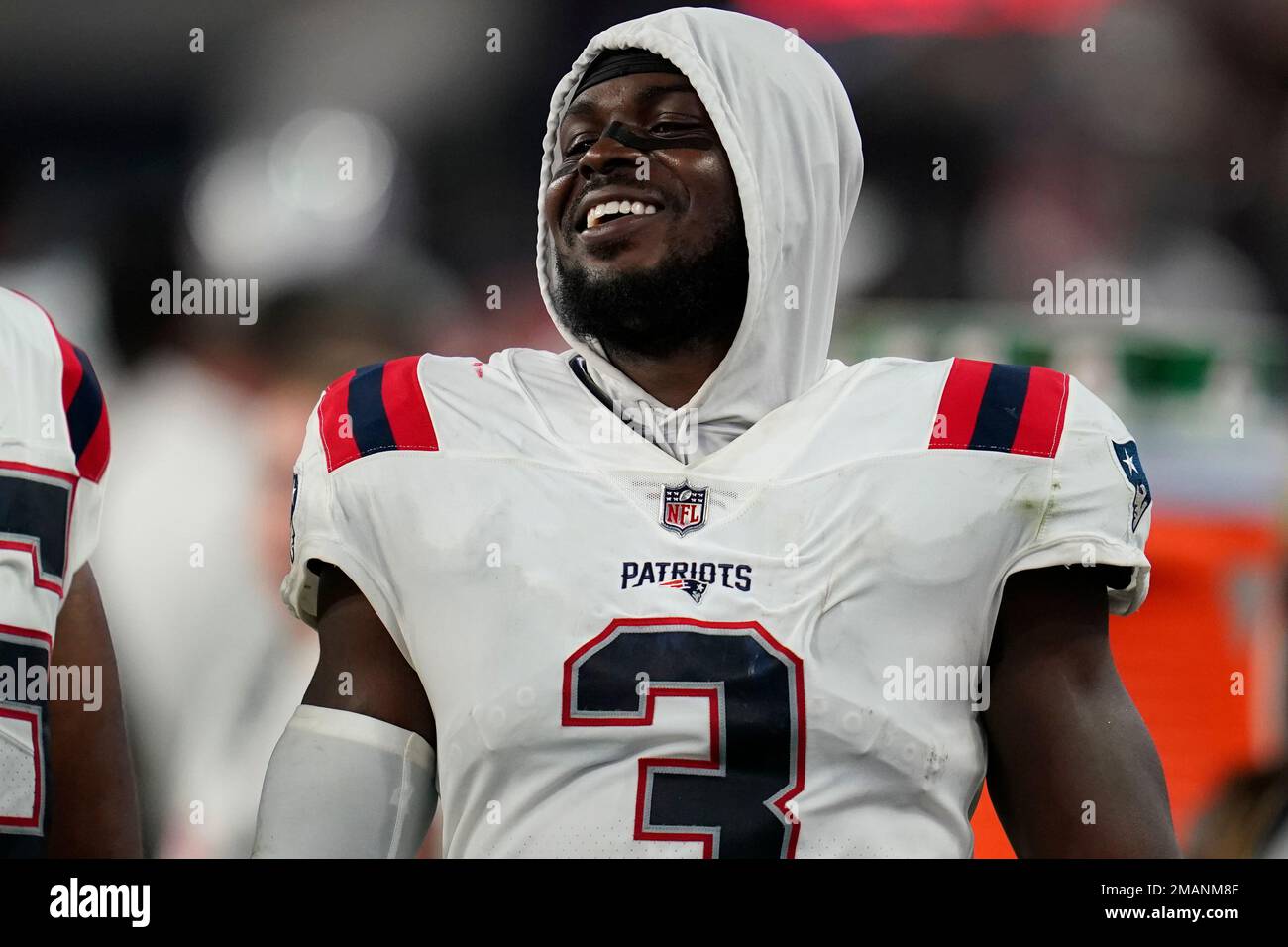 New England Patriots safety Jabrill Peppers (3) stands on the sideline  during an NFL football game against the Las Vegas Raiders Monday, Aug. 29,  2022, in Las Vegas, Nevada. (AP Photo/Ashley Landis
