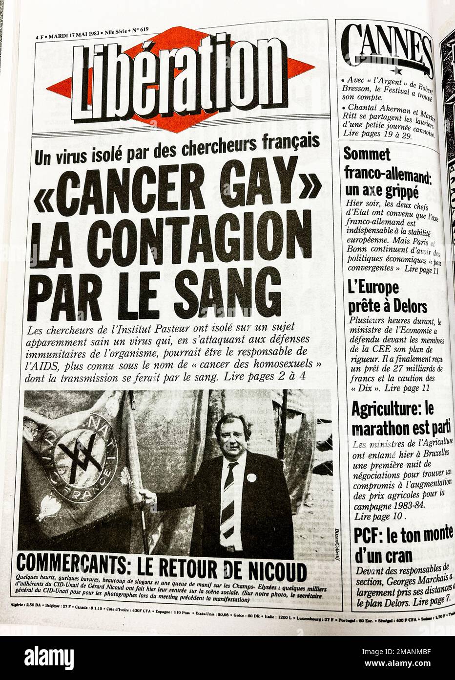 Paris, France,  Archives, Front Page Old French Newspaper, AIDS Epidemic 'Gay Cancer' Sensational Headlines, Article de Presse, Liberation, 1983, 1980s Archives HIV Stock Photo