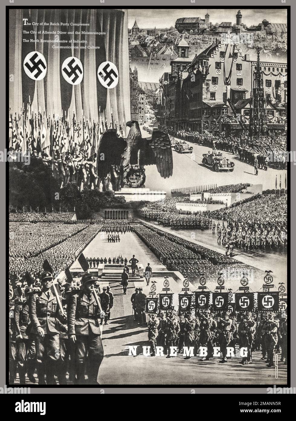 Nazi Nuremberg 1936 American Illustrated News, August-October, 1936 (Olympic number) First published soon after Adolf Hitler and the Nazi Party overthrew the Weimar Republic in 1933, American Illustrated News was a state-sponsored German publication 'designed to be circulated abroad in German interests,' according to an April 19, 1934 article in the New York Times titled 'Says German Organ Aim to Spur Travel, Bergmann, Editor, Asserts the American Illustrated News Is Not for Propaganda.' Date 1936 Stock Photo