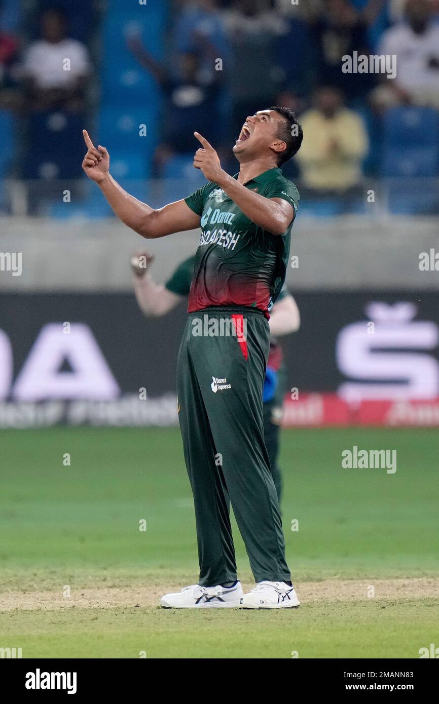 Bangladesh's Taskin Ahmed celebrates after taking the wicket of Sri ...