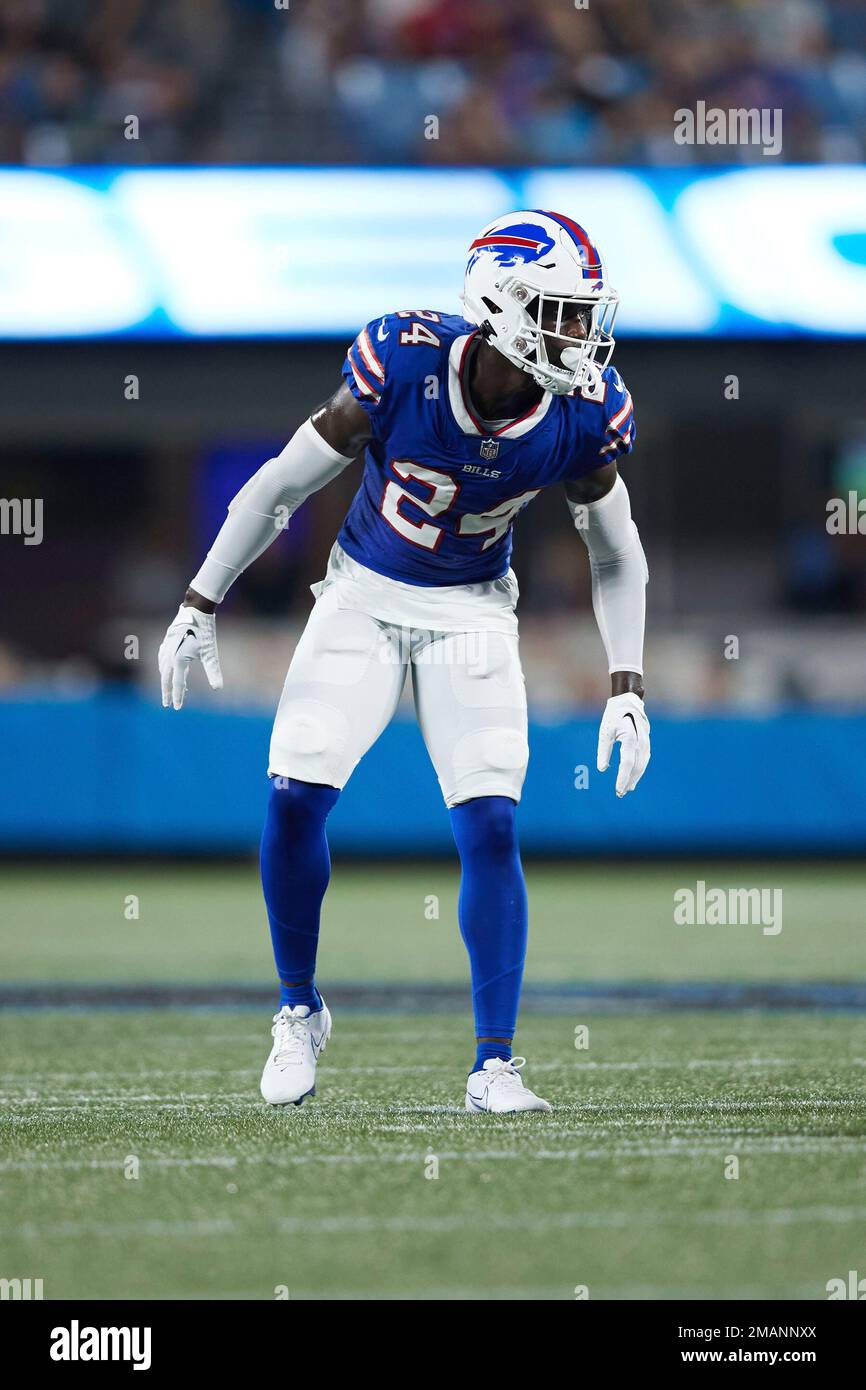 Buffalo Bills cornerback Kaiir Elam (24) lines up on defense during an NFL  preseason football game against the Carolina Panthers, Saturday, Aug. 26,  2022, in Charlotte, N.C. (AP Photo/Brian Westerholt Stock Photo - Alamy