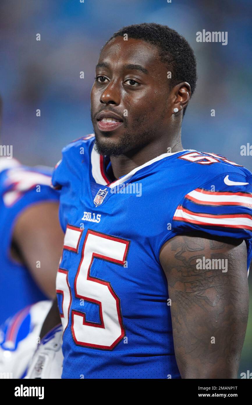 Buffalo Bills defensive end Boogie Basham (55) stands on the sideline  during an NFL preseason football game against the Carolina Panthers,  Saturday, Aug. 26, 2022, in Charlotte, N.C. (AP Photo/Brian Westerholt Stock