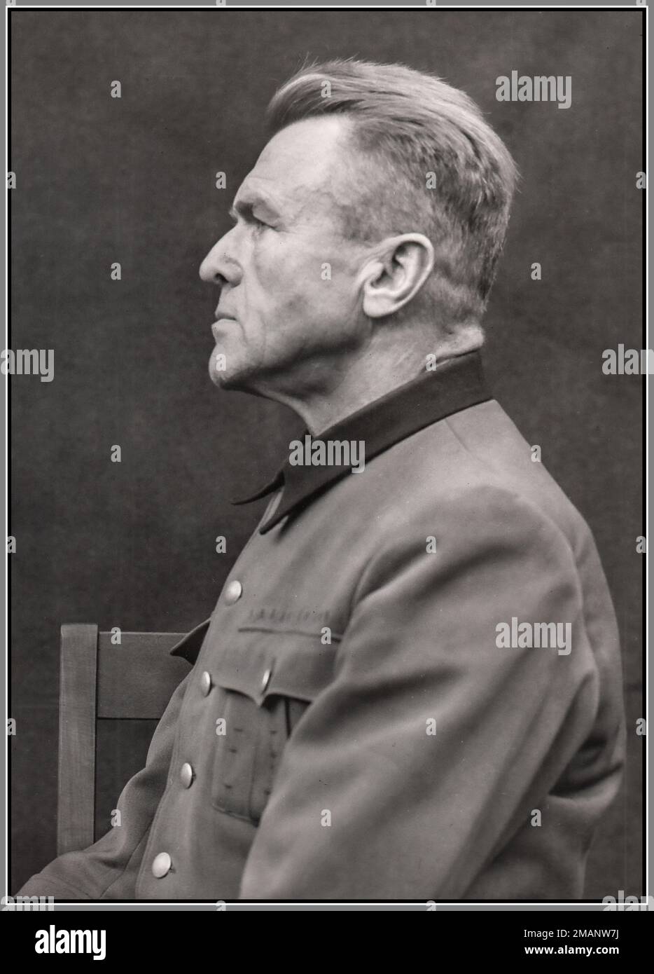 Prisoner Nazi Karl August Genzken 1945 a Nazi physician who conducted human experiments on prisoners of several concentration camps. He was a Gruppenführer of the Waffen-SS and the Chief of the Medical Office of the Waffen-SS. Genzken was tried as a war criminal in the Doctors' Trial at Nuremberg. He escaped the death penalty and was sentenced to life imprisonment. Stock Photo