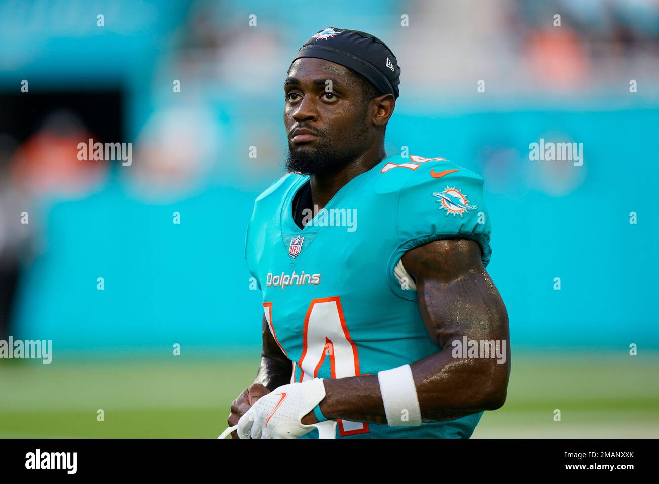 Miami Dolphins wide receiver Trent Sherfield heads off the field after team  warmups before the start of an NFL preseason football game against the Las  Vegas Raiders, Saturday, Aug. 20, 2022, in