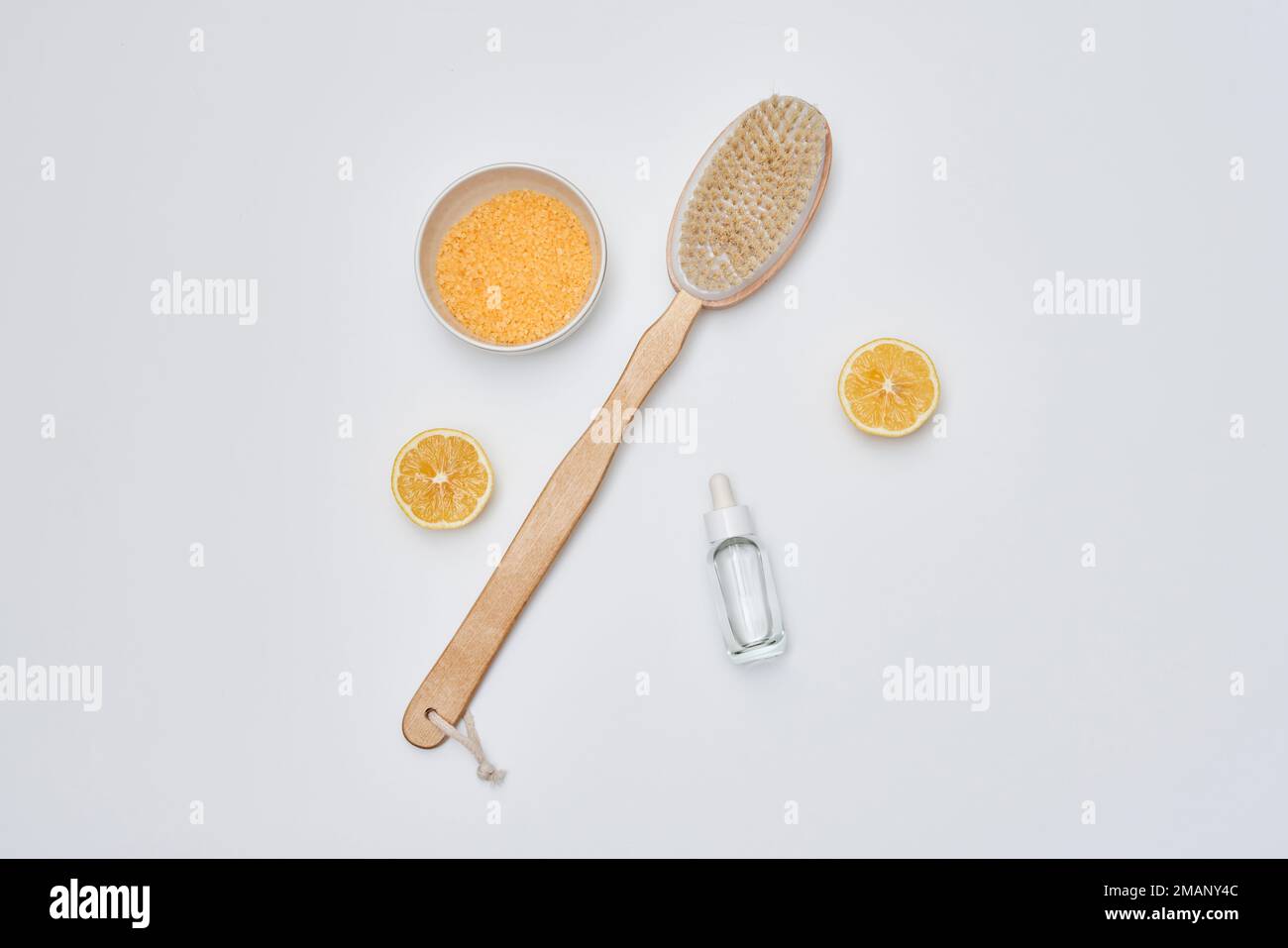 some lemons and a toothbrush on a white background with space to the right for your text or image Stock Photo