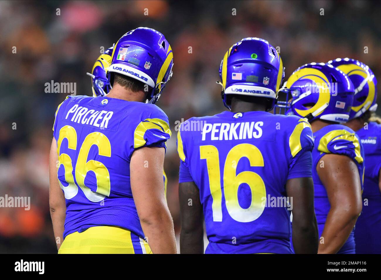 Los Angeles Rams offensive tackle Max Pircher (66) and quarterback Bryce  Perkins (16) huddle with teammates during a preseason NFL football game  against the Cincinnati Bengals, Saturday, Aug. 27, 2022, in Cincinnati. (