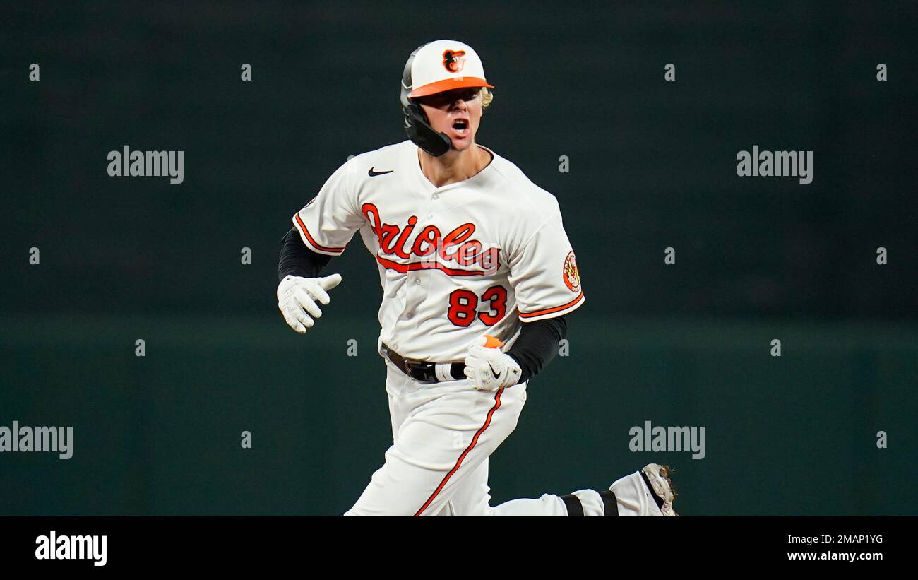 Baltimore Orioles' Kyle Stowers reacts after hitting his first career home  run to tie the score 3-3 during the ninth inning of a baseball game against  the Chicago White Sox, Thursday, Aug.