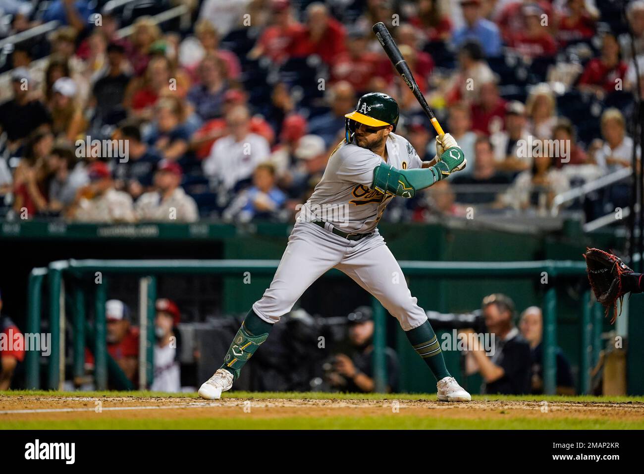 HOUSTON, TX - JULY 16: Oakland Athletics third baseman Vimael Machin (31)  lines out to left in the top of the eighth inning during the MLB game  between the Oakland Athletics and