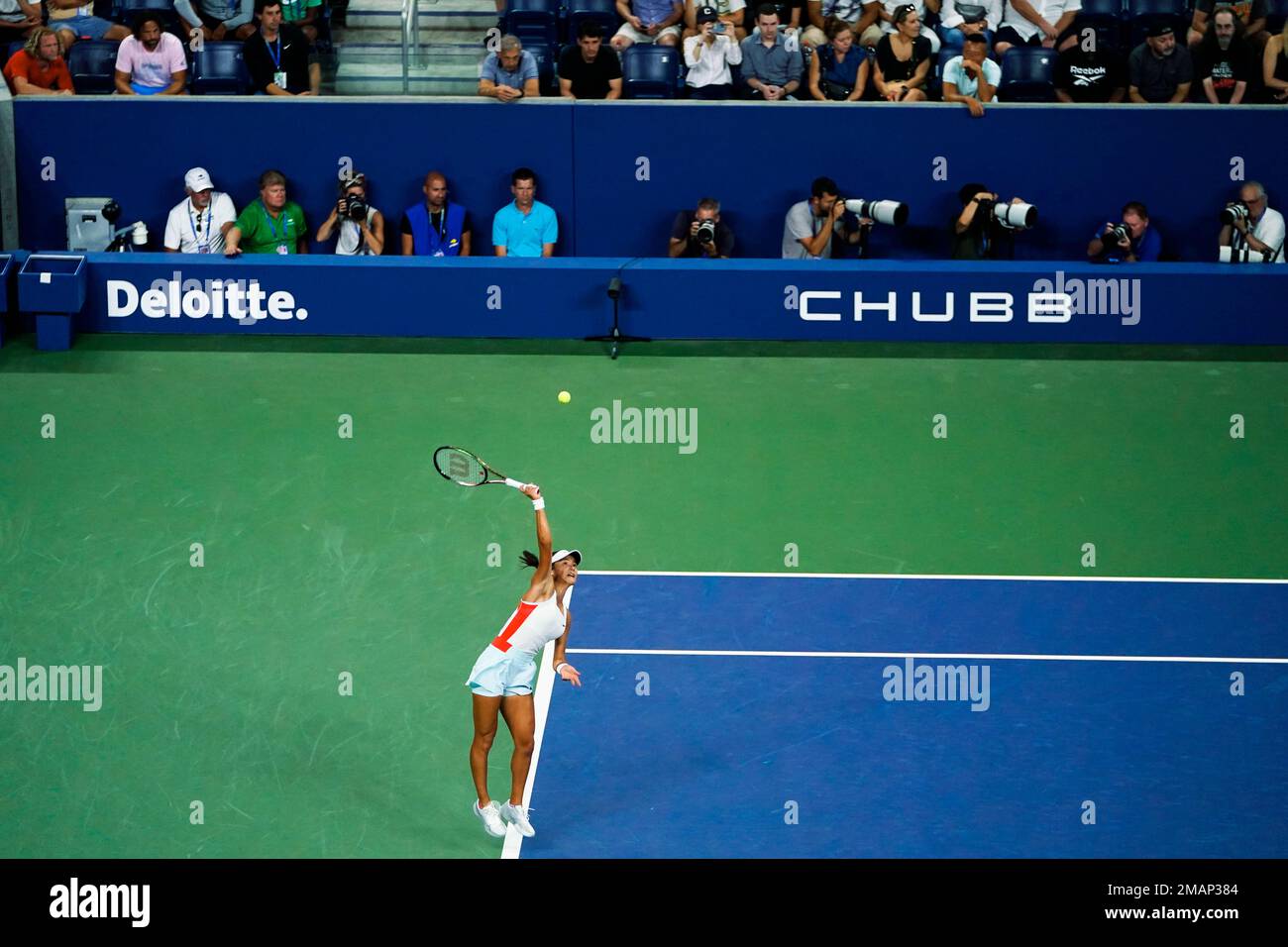 Emma Raducanu Of Britain Serves To Alize Cornet Of France During 