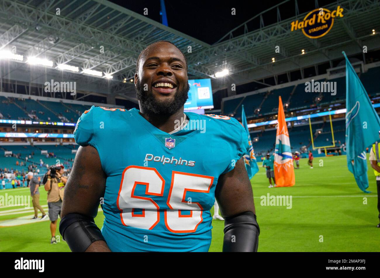 Miami Dolphins offensive lineman Robert Jones smiles on the field after an  NFL football game, Saturday, Aug. 27, 2022, in Miami Gardens, Fla. (AP  Photo/Doug Murray Stock Photo - Alamy