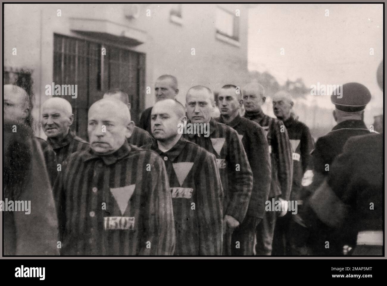 SACHSENHAUSEN Prisoners wearing striped uniforms with numbers and triangles in the concentration camp at Sachsenhausen, Germany. SS camp guards wearing Swastika armbands.  Pre-war Prisoners in the concentration camp at Sachsenhausen, Germany, 12-19-1938 Stock Photo