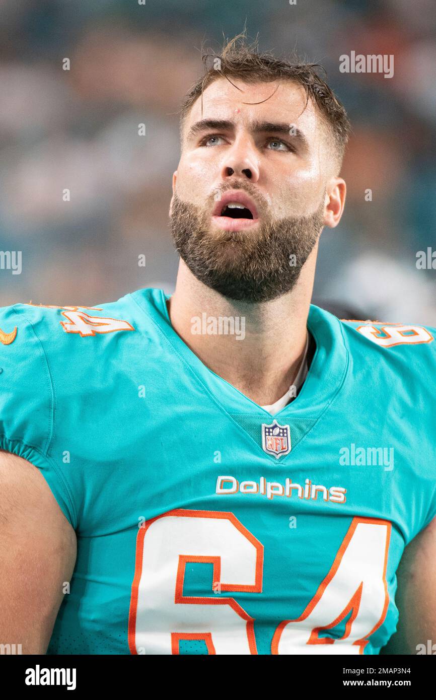 Miami Dolphins offensive lineman Kellen Diesch (64) stands on the