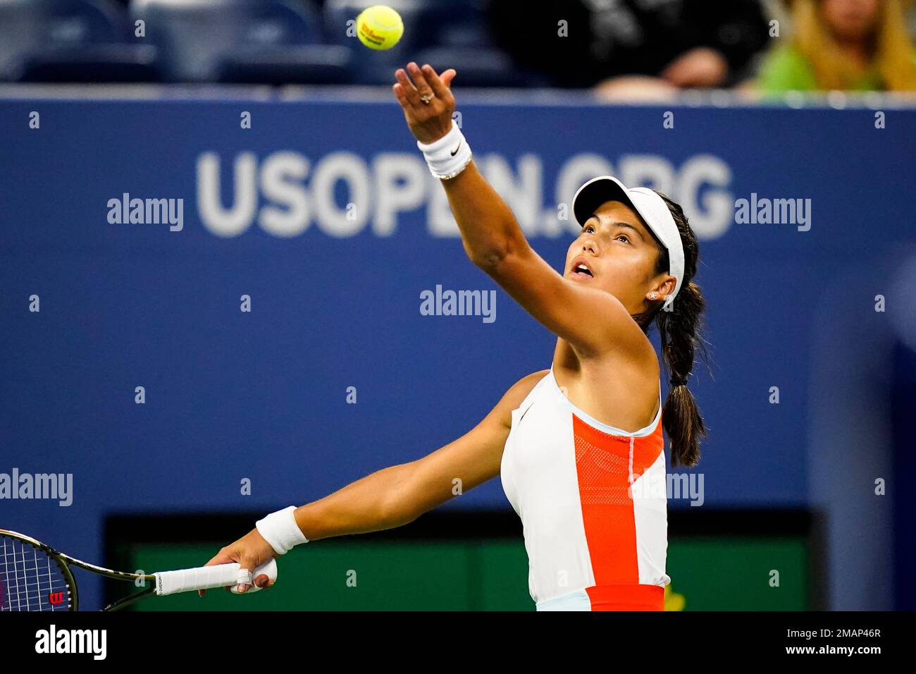 Emma Raducanu Of Britain Serves To Alize Cornet Of France During 