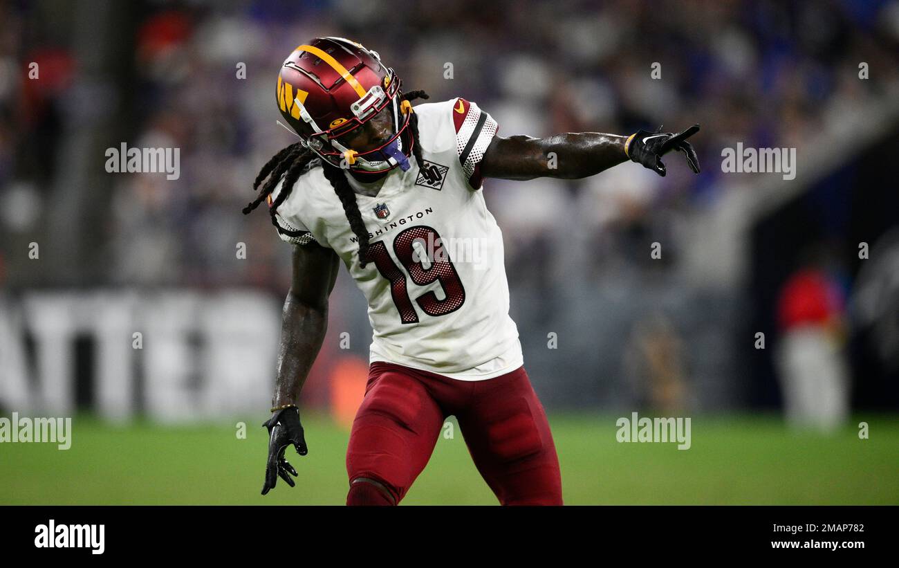 BALTIMORE, MD - AUGUST 27: Washington Commanders wide receiver Marken  Michel (19) catches a pass prior to the NFL preseason football game between  the Washington Commanders and Baltimore Ravens on August 27