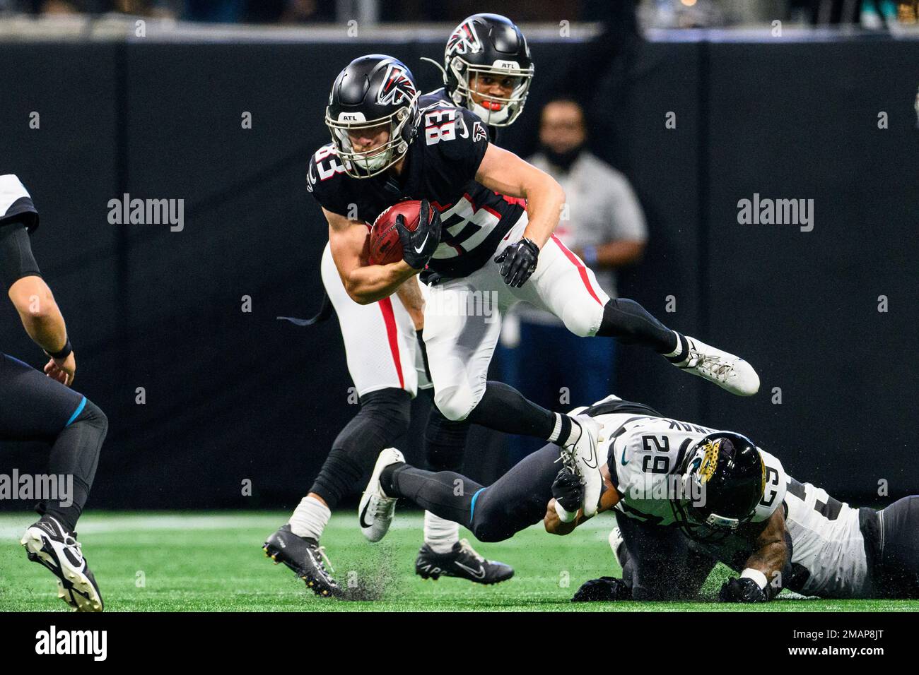 Atlanta Falcons wide receiver Jared Bernhardt (83) runs with the ball  against the New York Jets